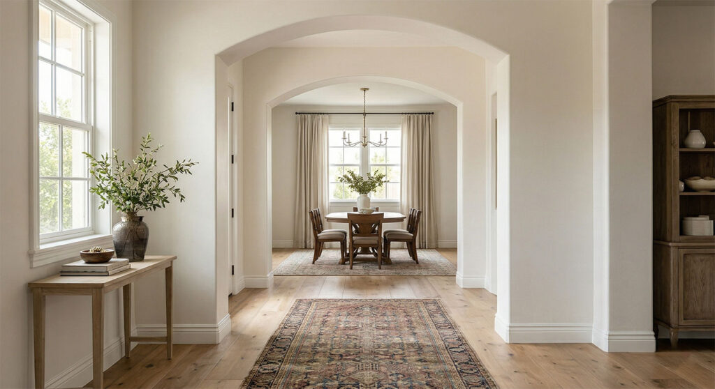 Wide-plank engineered hardwood flooring installed in a bright 4S Ranch home hallway, leading through elegant arched doorways into a modern dining room.
