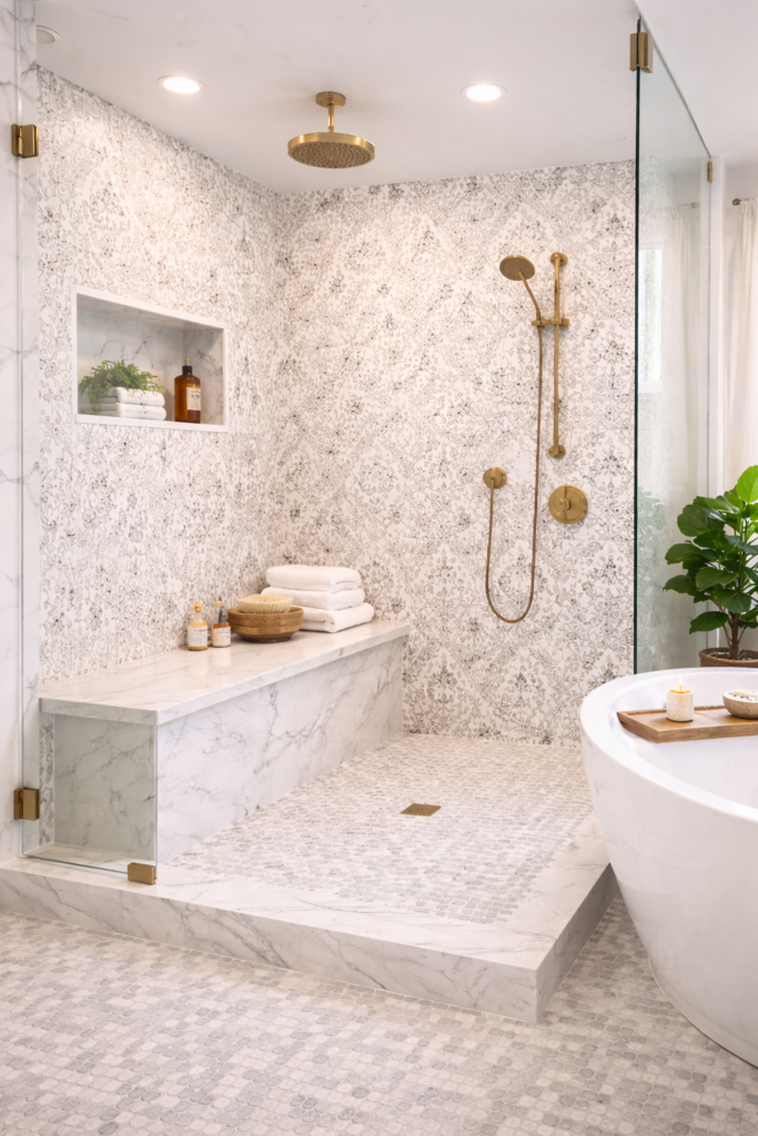 Elegant 4S Ranch bathroom with brass and marble accents with precision installation from Charmet Tile