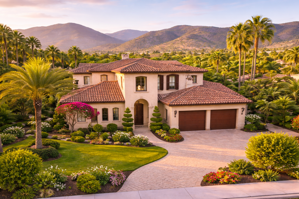 Elegant Mediterranean 4S Ranch home at sunset