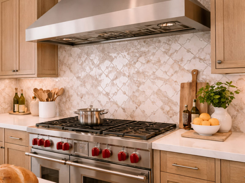 Elegant kitchen with marble backsplash