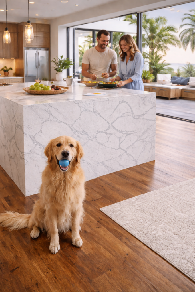 Modern Carlsbad kitchen with durable hardwood flooring and quartz island, pet-friendly surface design ideal for active homes by Charmet Tile