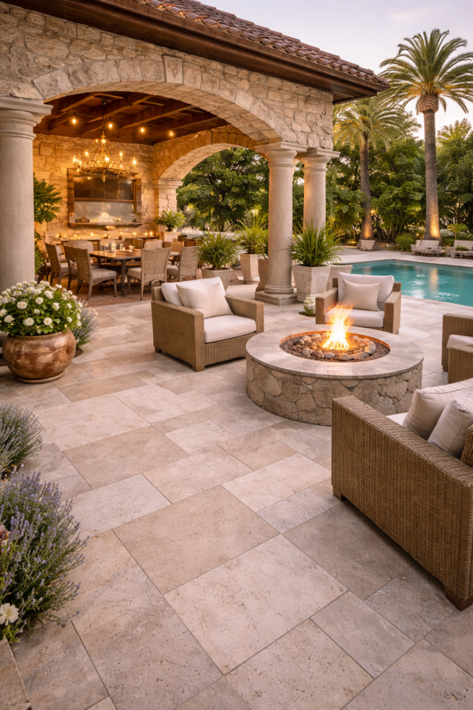 Rancho Santa Fe estate outdoor patio with travertine and limestone tile flooring, luxury natural stone hardscape, poolside seating and fire pit, high-end tile installation by Charmet Tile San Diego, premium outdoor living design.