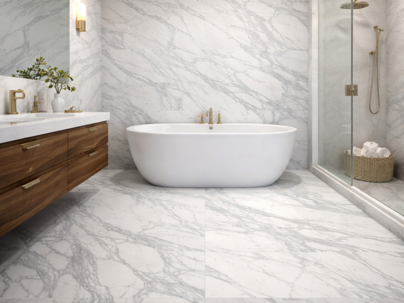 Luxury marble tile bathroom with freestanding tub and walk-in shower in a modern Del Mar California home.