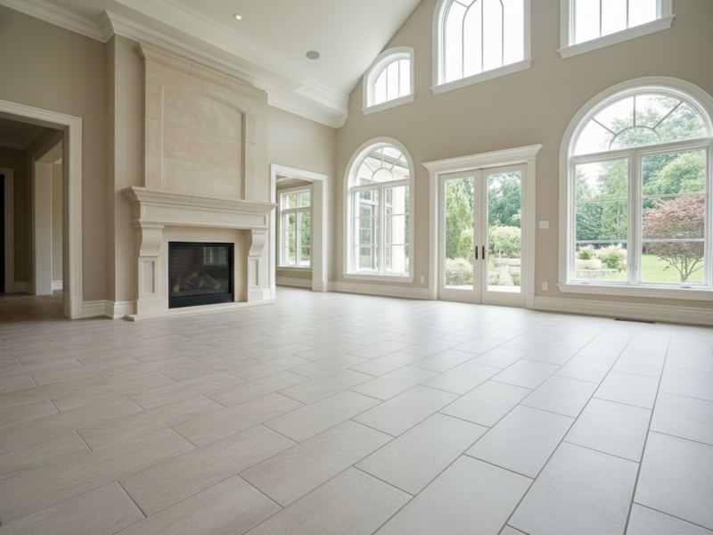 Professional tile installer spreading mortar for large-format porcelain floor tiles in a modern living room.