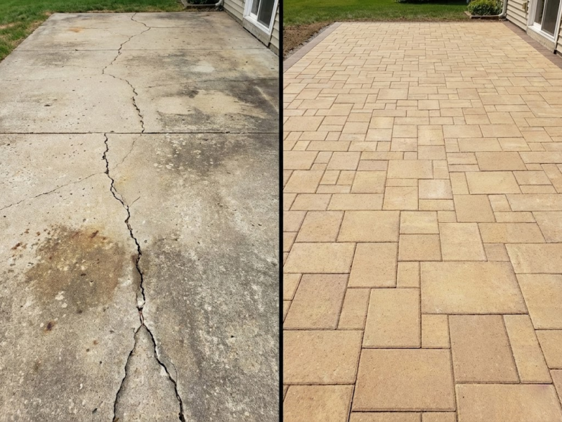 Before and After Patio: Before and after comparison showing a cracked concrete patio replaced with a new Charmet Tile interlocking paver patio.