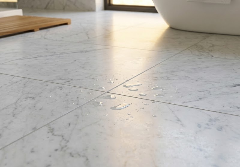 Close-up of honed white Carrara marble tile flooring installation in a luxury bathroom, showing natural grey veining and water droplets on the surface.