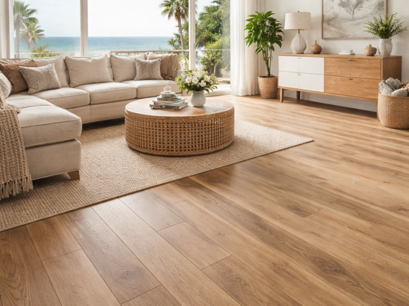 Light oak engineered hardwood flooring in a coastal living room with ocean view in Del Mar San Diego home.