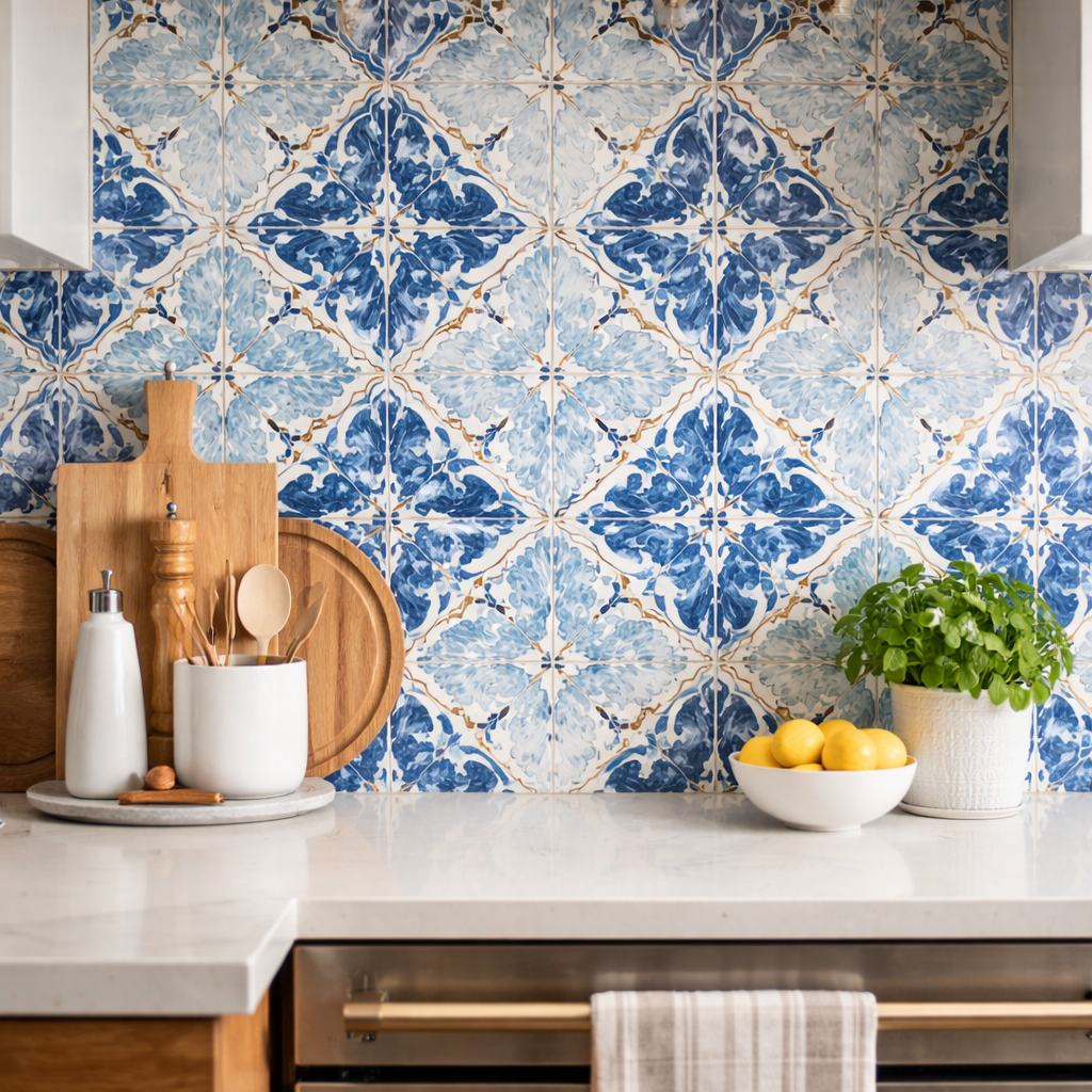 Custom tile flooring, backsplash and countertops in San Diego home kitchen