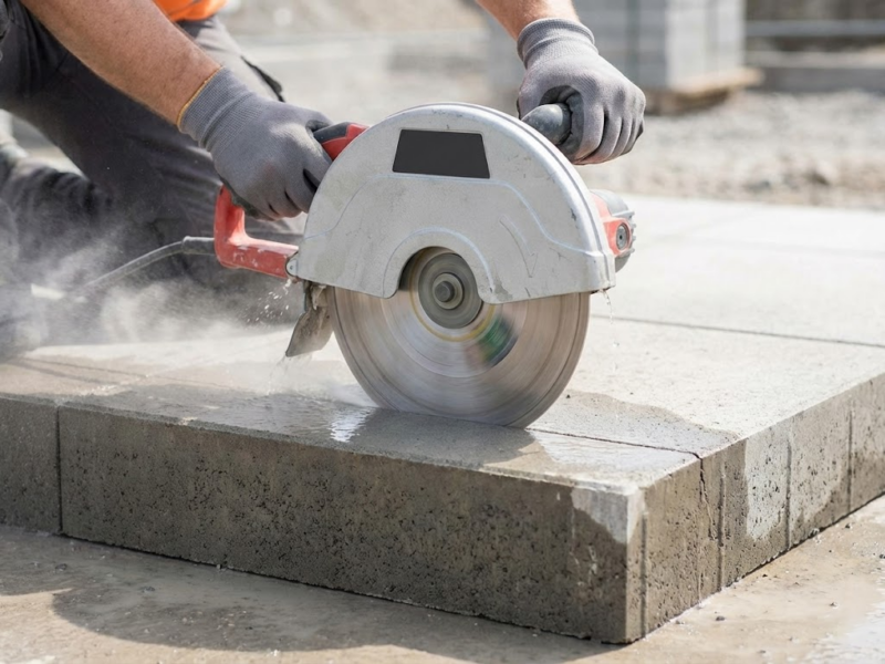 Cutting Paver: A professional installer using a wet saw to precisely cut a large concrete paver for a Charmet Tile project.
