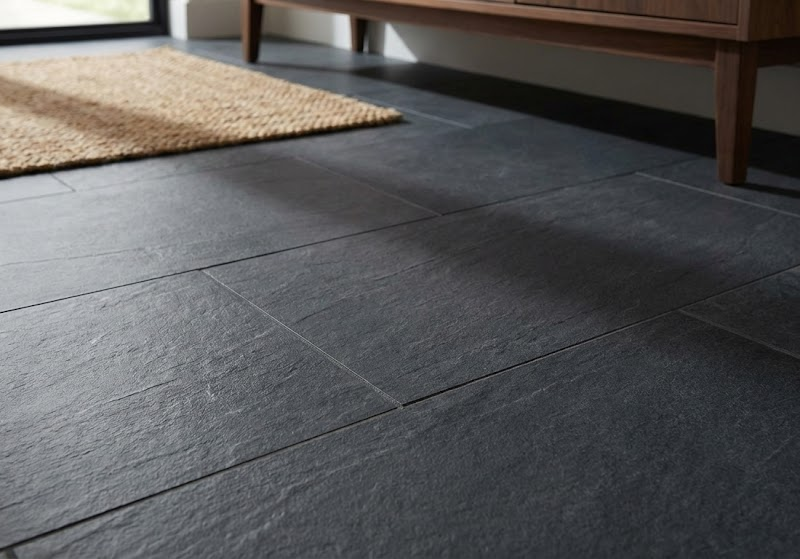 Close-up of modern dark charcoal porcelain tile flooring installation in a luxury living room, showing textured matte finish and precise grout lines.