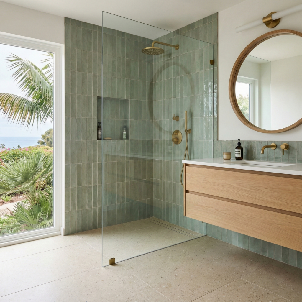 Trendy Encinitas bathroom remodel featuring a custom walk-in shower with vertical stacked sage green subway tile, brass fixtures, and a coastal garden view.