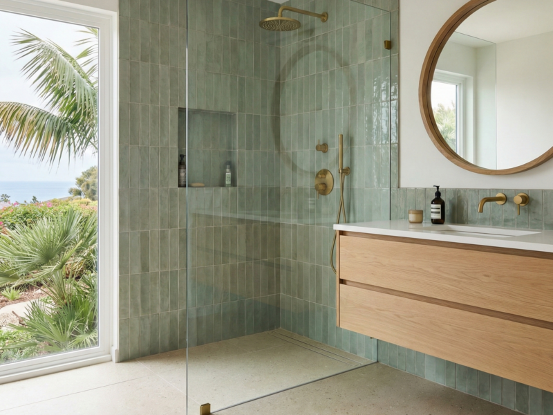 Trendy Encinitas bathroom remodel featuring a custom walk-in shower with vertical stacked sage green subway tile, brass fixtures, and a coastal garden view.