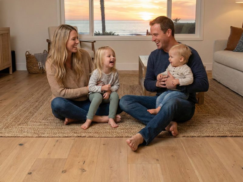 Happy family of four sitting on a jute rug over new oak hardwood floors in their remodeled Encinitas home with a sunset ocean view background.