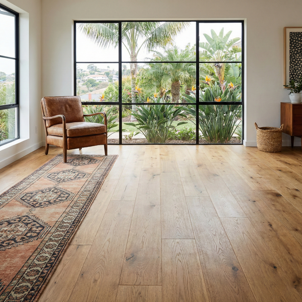 Encinitas home featuring newly installed wide-plank European white oak hardwood flooring, large black-framed windows overlooking a lush garden, and a vintage leather chair.