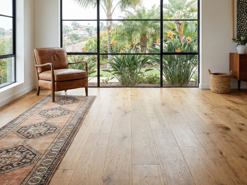 Encinitas home featuring newly installed wide-plank European white oak hardwood flooring, large black-framed windows overlooking a lush garden, and a vintage leather chair.