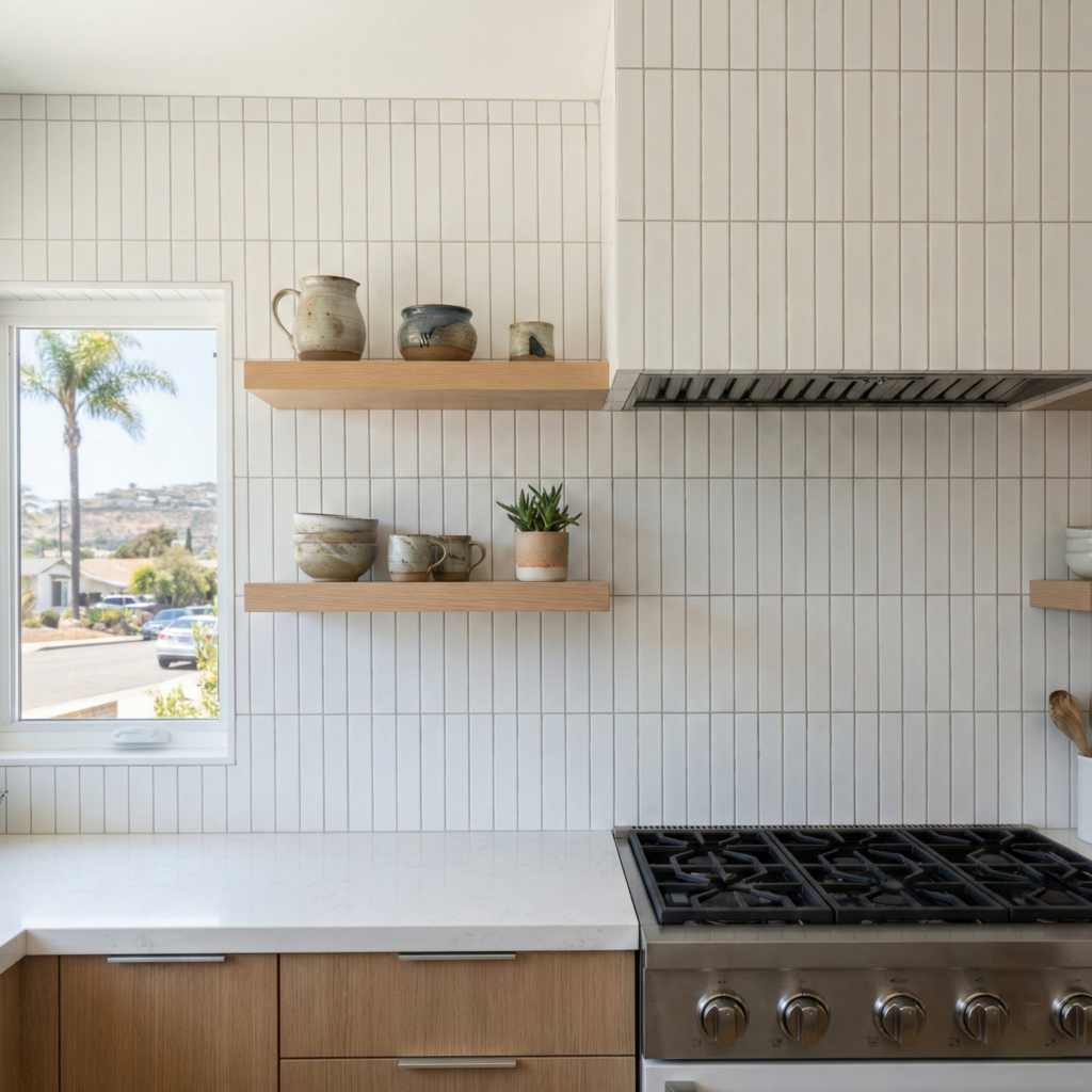 Modern Encinitas kitchen backsplash installation with vertical white matte tiles, floating white oak shelves, and a professional range.