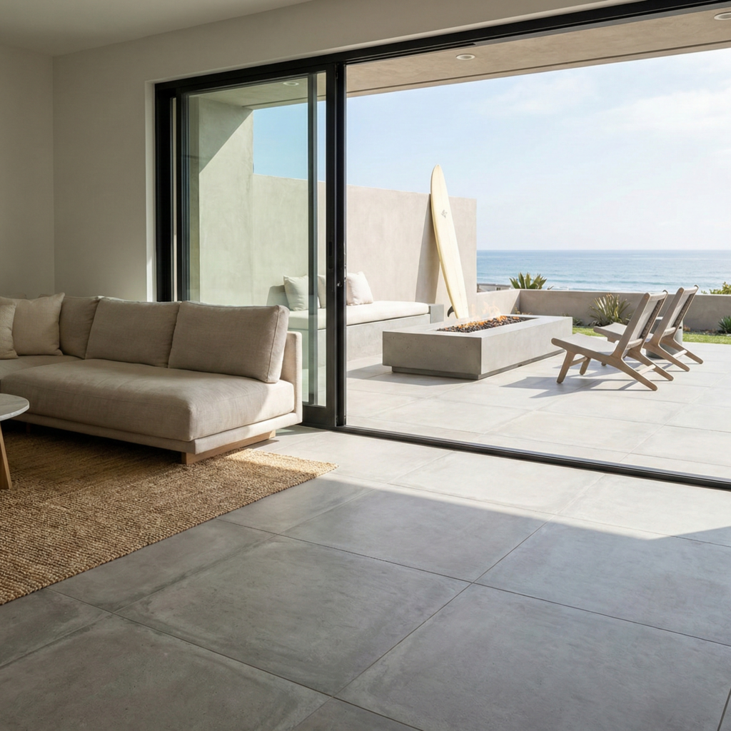 Seamless indoor-outdoor living in Encinitas showcasing large-format concrete-look porcelain tile flooring extending from the living room to the patio.