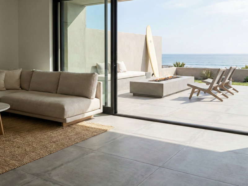 Seamless indoor-outdoor living in Encinitas showcasing large-format concrete-look porcelain tile flooring extending from the living room to the patio.