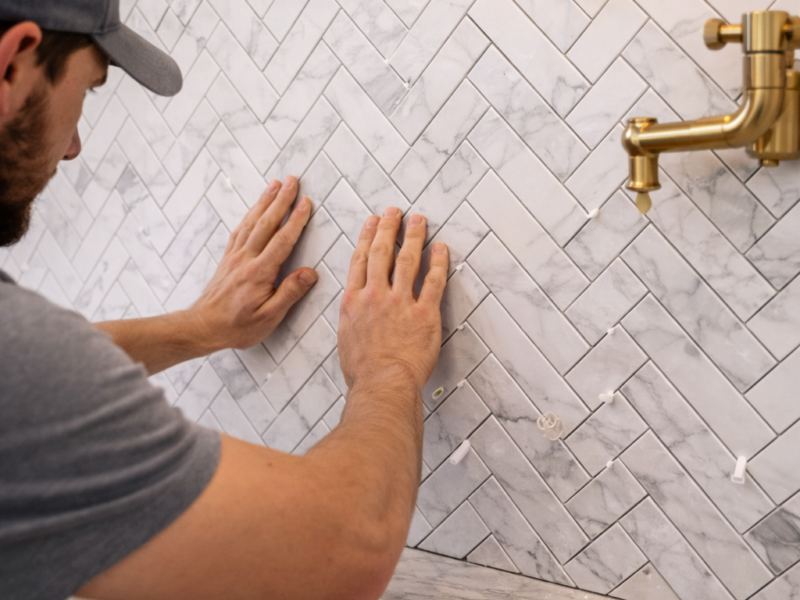 Charmet Tile Installing Herringbone Backsplash Tile.