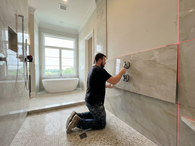 Large-Format Shower Wall. Tile An installer uses a suction cup to carefully place a massive porcelain slab on the wall of a luxury shower.
