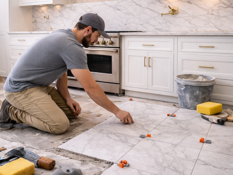 Expert Installer laying Kitchen Tile