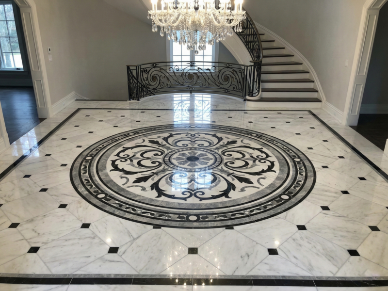 Finished Luxury Foyer Floor. A "just tile" shot of a stunning, completed marble mosaic floor with a large central medallion in the foyer of a luxurious home.