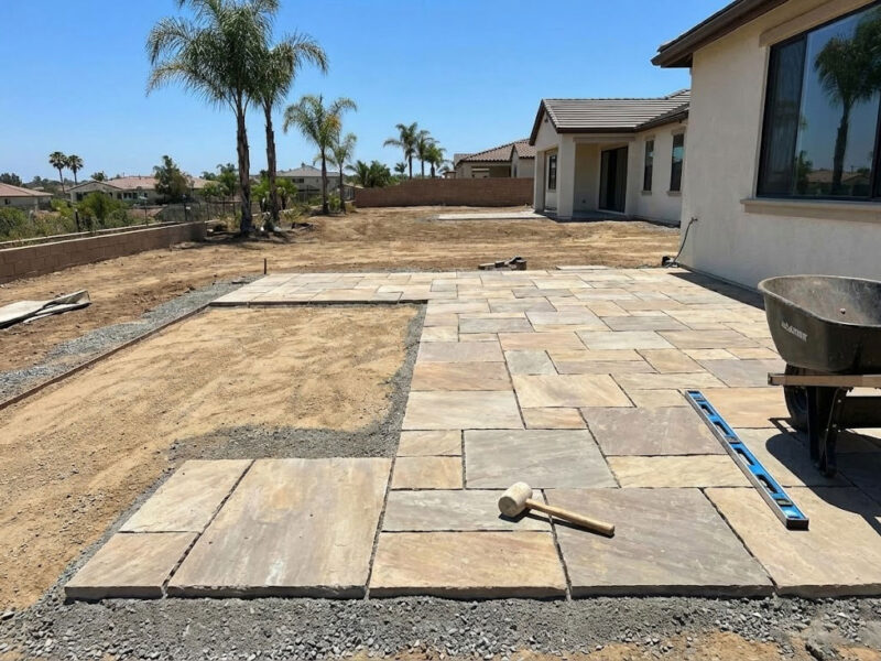 Outdoor Patio & Pool Deck Paving. This image shows the construction of an outdoor patio using natural stone pavers, a very popular service in Southern California. The sunny setting is perfect for the location.