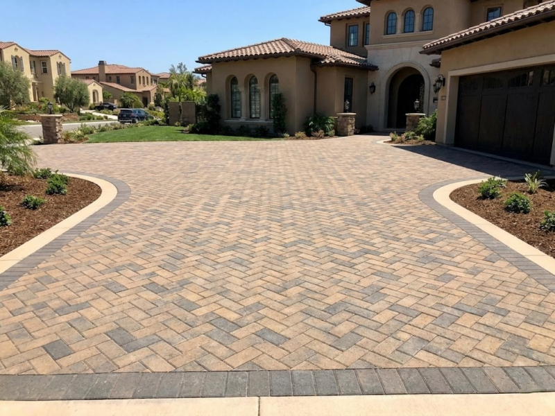 Luxury Driveway: Expansive luxury paver driveway by Charmet Tile in a herringbone pattern with a dark contrasting border.