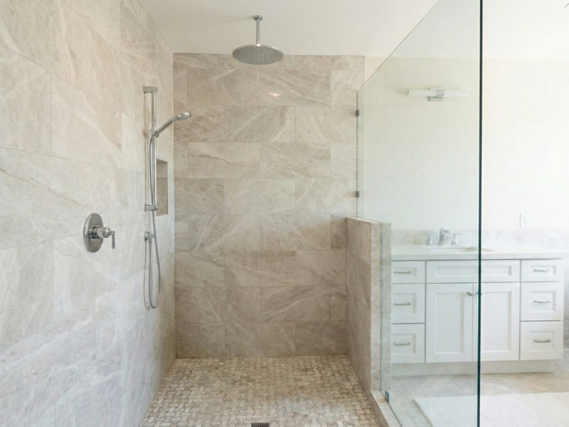 Spacious luxury bathroom featuring a custom stone tile walk-in shower and mosaic floor in a Solana Beach home.