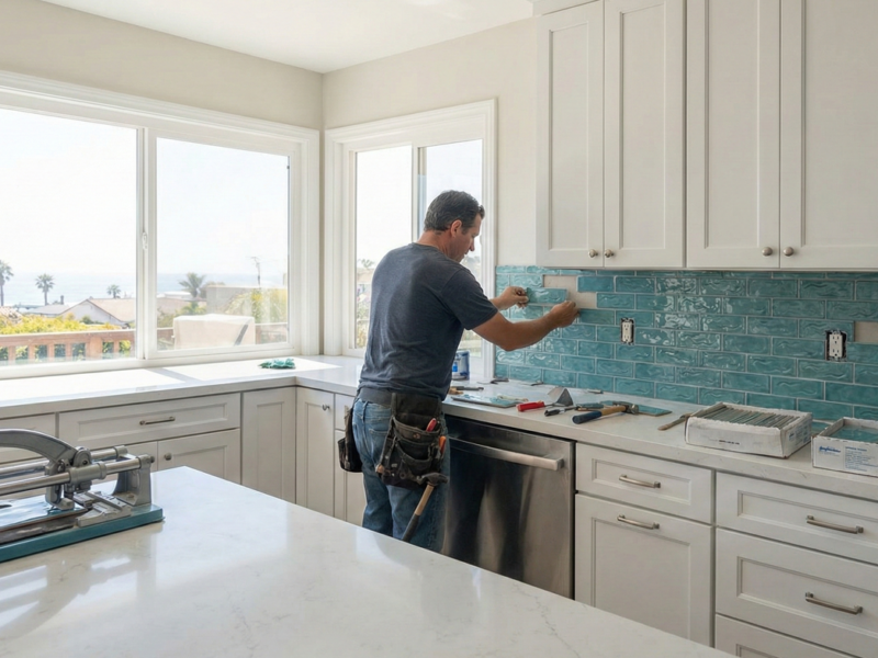 Professional tile installer setting a blue subway tile backsplash in a bright Solana Beach kitchen remodel with an ocean view