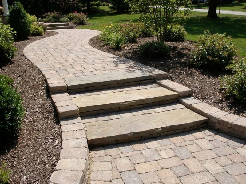 Walkway with Steps: A curving Charmet Tile paver walkway with natural flagstone steps leading through a landscaped garden.